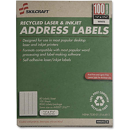 SKILCRAFT Permanent Inkjet/Laser Address Labels, NSN5144911, Rectangle, 1/2" x 1 3/4", White, Box Of 100 Sheets (AbilityOne 7530-01-514-4911)