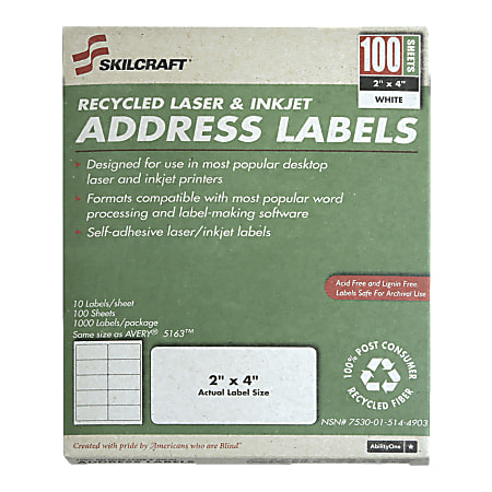 White Laser Address Labels, NSN5144903, 2" x 4", Box Of 100 Sheets (AbilityOne 7530™01™514™4903)