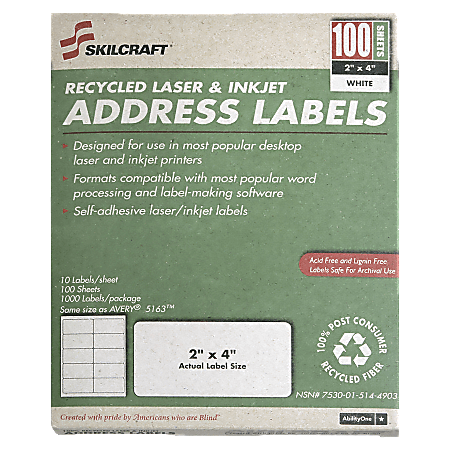 SKILCRAFT Permanent Inkjet/Laser Address Labels, NSN5144904, Rectangle, 1" x 2 5/8", White, Box Of 100 Sheets (AbilityOne 7530-01-514-4904)