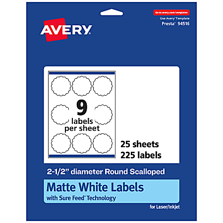 Avery® Permanent Labels With Sure Feed®, 94516-WMP25, Round Scalloped, 2-1/2" Diameter, White, Pack Of 225
