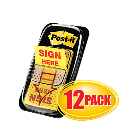 Post-it® Message Flags, "Sign Here", 1" x 1-11/16", Yellow, 50 Flags Per Pad, Pack Of 12 Pads