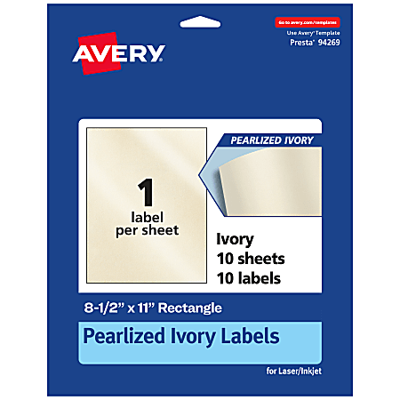 Avery® Pearlized Permanent Labels, 94269-PIP10, Rectangle, 8-1/2" x 11", Ivory, Pack Of 10 Labels