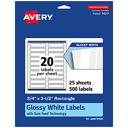 Avery® Glossy Permanent Labels With Sure Feed®, 94217-WGP25, Rectangle, 3/4" x 3-1/2", White, Pack Of 500