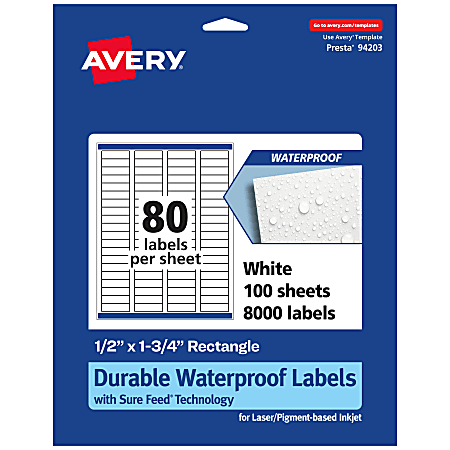 Avery® Waterproof Permanent Labels With Sure Feed®, 94203-WMF100, Rectangle, 1/2" x 1-3/4", White, Pack Of 8,000