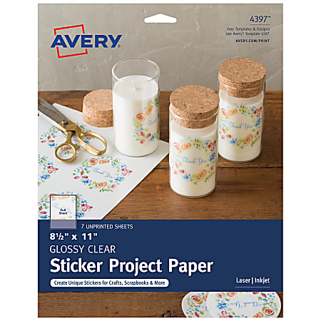 Avery® Printable Sticker Paper For Laser & Inkjet Printers, 8.5" x 11", Glossy Clear, 7 Craft Paper Sheets