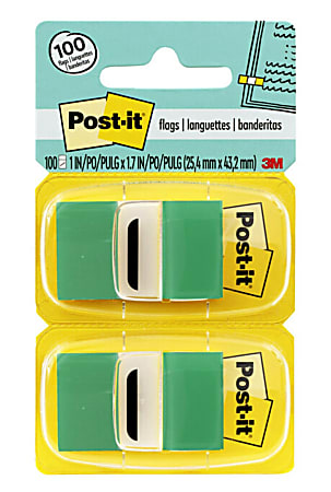 Post-it® Flags, 1" x 1 -11/16", Green, 50 Flags Per Pad, Pack Of 12 Pads