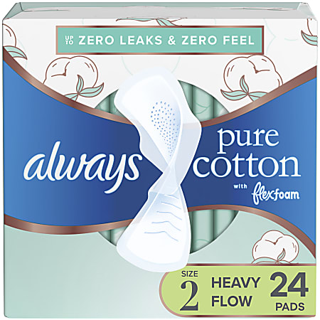 Always Pure Cotton Feminine Pads For Women With Wings, Size 2, Heavy, Unscented, 24 Pads Per Pack, Case Of 3 Packs