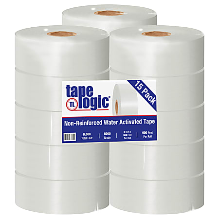 Tape Logic® Water-Activated Packing Tape, 3" Core, 2" x 200 Yd., White, Case Of 15