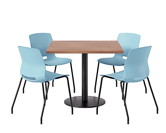 KFI Studios Proof Cafe Pedestal Table With Imme Chairs, Square, 29”H x 36”W x 36”W, River Cherry Top/Black Base/Sky Blue Chairs