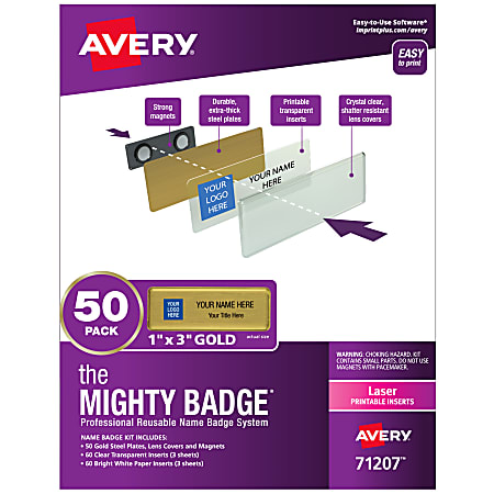 Avery® The Mighty Badge Magnetic Badges For Laser Printers, 1" x 3", Gold, Pack Of 50 Badges