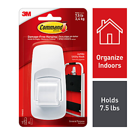 Command Jumbo Removable Plastic Utility Hook 1 Command Hook 4 Command  Strips Damage Free White - Office Depot