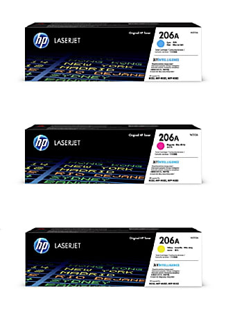 HP 206A 3-Color Cyan/Magenta/Yellow Toner Cartridges, Pack Of 3 Cartridges, HP206ACMY-OD