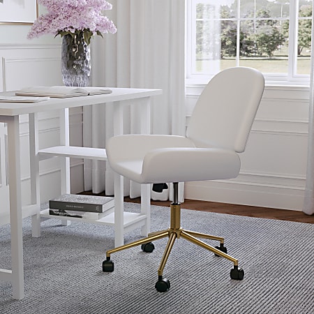 Martha Stewart Tyla Faux Leather Upholstered Mid-Back Executive Office Chair, White/Polished Brass