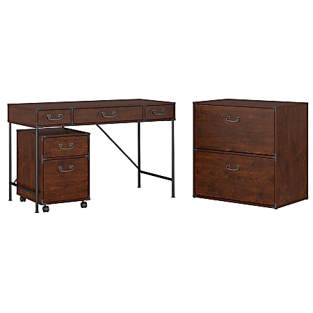 kathy ireland® Home by Bush Furniture Ironworks 48"W Writing Desk, 2 Drawer Mobile Pedestal, And Lateral File Cabinet, Coastal Cherry, Standard Delivery