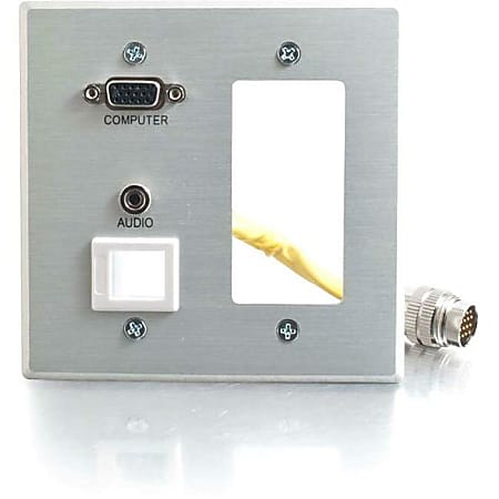 C2G RapidRun Double Gang Integrated VGA (HD15) + 3.5mm + Decorative Style Cut-Out Wall Plate - Brushed Aluminum - 2-gang - Brushed Aluminum - 1 x Mini-phone Port(s) - 1 x VGA Port(s)