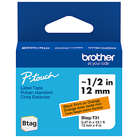 Brother P-touch Btag Label Tape, BTAGT31, 0.47 in by 13.1 ft, Black on Orange