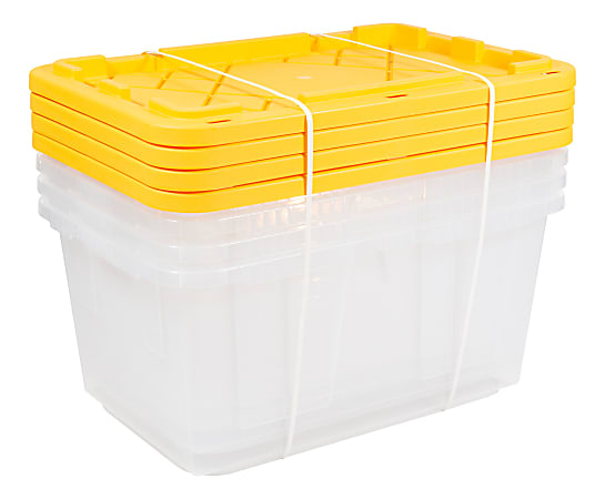 Office Depot® Brand by GreenMade® Professional Storage Totes With Handles/Snap Lids, 27 Gallon, 30-1/10" x 20-1/4" x 14-3/4", Clear/Yellow, Pack Of 4 Totes