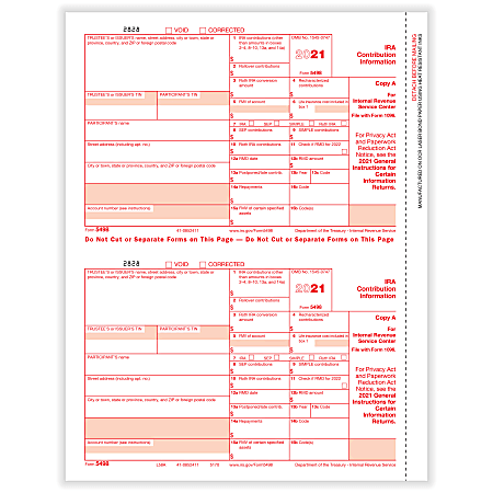 ComplyRight™ 5498-IRA Tax Forms, Federal Copy A, 2-Up, Laser, 8-1/2" x 11", Pack Of 100 Forms