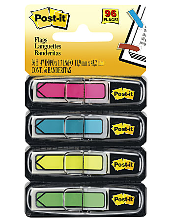 Post-it® Flags, .5 in. x 1.7 in., 4 Dispensers, 24 Flags/Dispenser, Assorted Bright Colors, Back to School Supplies for Students, Flags for Textbooks and Notebooks