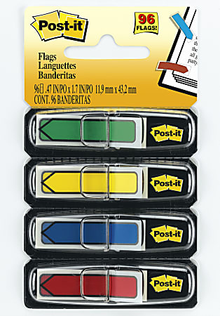 Post-it® Notes Arrow Flags, 1/2", Assorted Primary Colors, 24 Flags Per Pad, Pack Of 4 Pads
