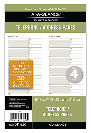 Day Runner® Organizer Accessory, Telephone/Address Refill Pages, 5 1/2" x 8 1/2", Pack Of 30 Sheets