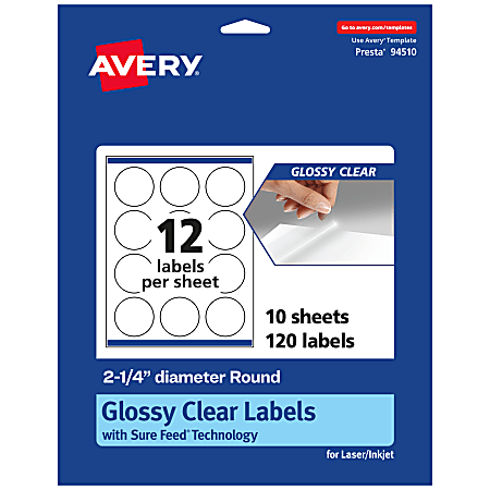 Avery® Glossy Permanent Labels With Sure Feed®, 94510-CGF10, Round, 2-1/4" Diameter, Clear, Pack Of 120