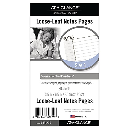 AT-A-GLANCE Undated Notes Pages, Loose-Leaf , 6 Ring, Portable Size, 3 3/4" x 6 3/4"