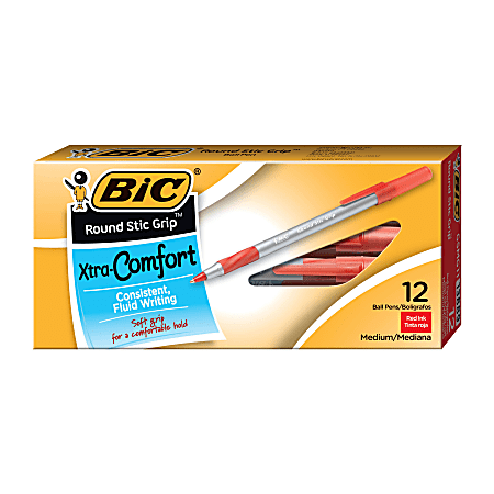 BIC Round Stic Grip Xtra Comfort Ballpoint Pens, Medium Point, 1.2 mm, Gray Barrel, Red Ink, Pack Of 12 Pens