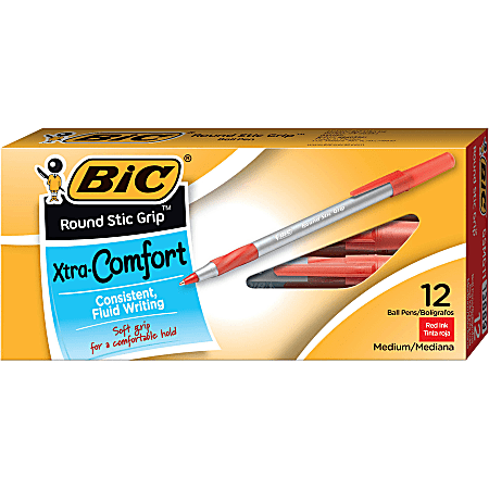 BIC Round Stic Grip Xtra Comfort Ballpoint Pens Medium Point 1.2 mm Gray  Barrel Red Ink Pack Of 12 Pens - Office Depot