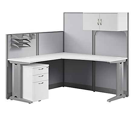 Bush® Business Furniture Office in an Hour 65"W L-Shaped Cubicle Desk With Storage, Drawers And Organizers, Pure White, Standard Delivery