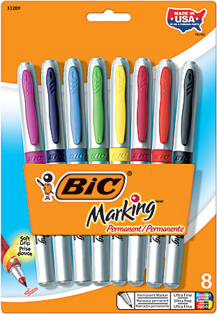 BIC® Marking Permanent Markers, Ultra Fine Tip, Silver Barrels, Assorted Ink Colors, Pack Of 8 Markers