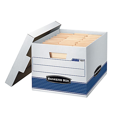 Bankers Box® Stor/File™ Medium-Duty Storage Boxes With Locking Lift-Off Lids And Built-In Handles, Letter/Legal Size, 15“ x 12" x 10", 60% Recycled, White/Blue, Case Of 4