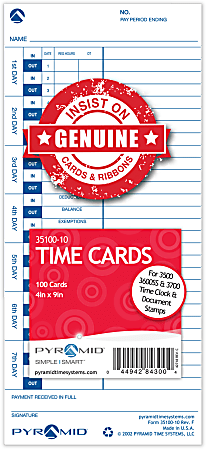 Pyramid Time Systems, 35100-10, Genuine and Authentic pack of 100 Time  Cards, Use with Pyramid Side Loading Time Clocks, Models 3500, 3600SS and  3700