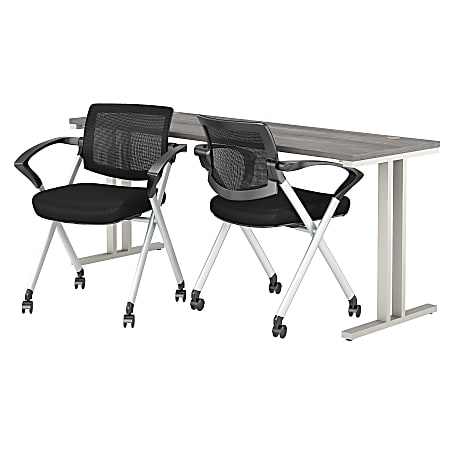 Bush Business Furniture 400 Series 72"W x 24"D Training Table With Set Of 2 Mesh Back Folding Chairs, Platinum Gray, Premium Installation