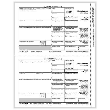 ComplyRight™ 1099-MISC Tax Forms, Recipient Copy B, 2-Up, Laser, 8-1/2" x 11", Pack Of 25 Forms