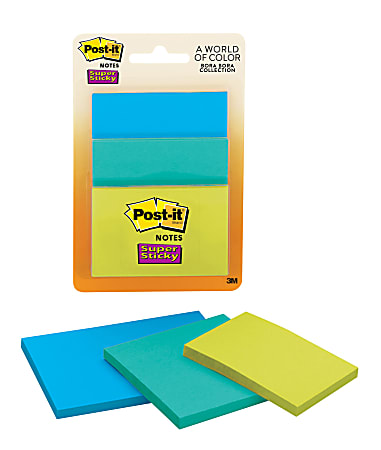  Post-it® Super Sticky Notes, Assorted Sizes, Bora Bora Collection, 3 Pads/Pack, 45 Sheets/Pad