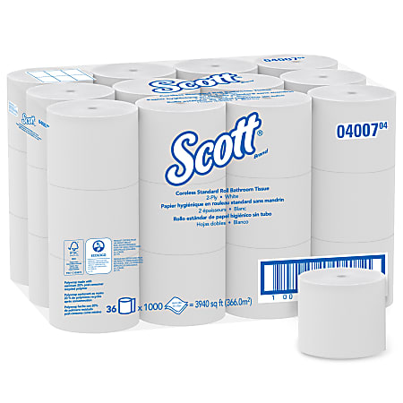Scott® Essential Coreless 2-Ply Toilet Paper, 65% Recycled, 1000 Sheets Per Roll, Pack Of 36 Rolls