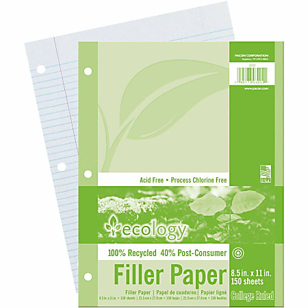 Ecology  College-Lined Filler Paper, Letter Size Paper, White, Pack Of 150 Sheets