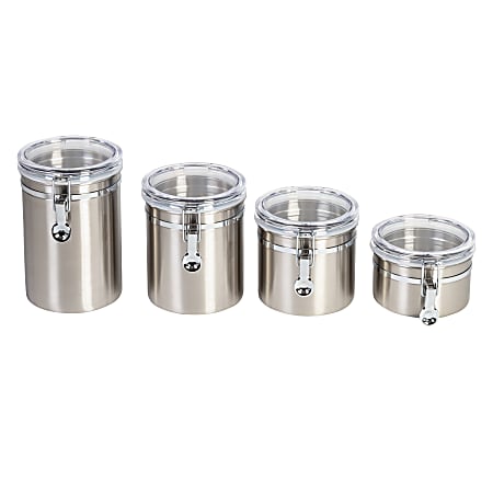 Honey Can Do Steel Canister Set, 7-3/8”H x 4-11/16”W x 4-11/16”D, Set Of 4 Canisters