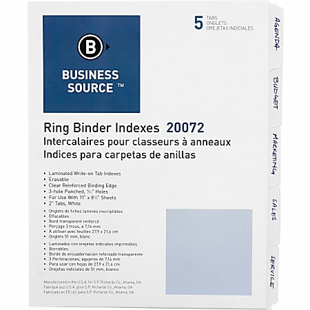 Business Source 3-Ring 5-Tab Erasable Tab Indexes - 5 Write-on Tab(s)2" Tab Width - 8.5" Divider Width x 11" Divider Length - Letter - 3 Hole Punched - White Divider - Mylar Tab(s) - Recycled - Erasable, Reinforced Edges, Punched, Laminated Tab - 5 / Set