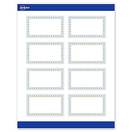 Avery® Printable Cards With Sure Feed® Technology, 2" x 3-1/2", Matte White With Gold Dots/Blue Border Design, Pack Of 80