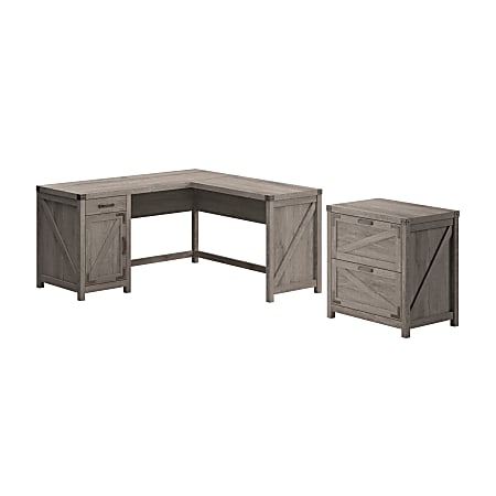 Bush Furniture Knoxville 60"W L-Shaped Corner Desk With 2 Drawer Lateral File Cabinet, Restored Gray, Standard Delivery