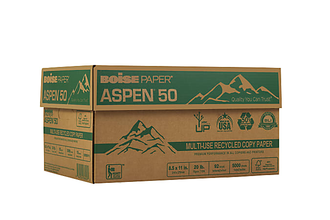 Boise® ASPEN® 50 Multi-Use Printer & Copy Paper, White, Letter (8.5" x 11"), 5000 Sheets Per Case, 20 Lb, 92 Brightness, 50% Recycled, FSC® Certified, Case Of 10 Reams