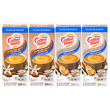 Coffee-Mate® Vanilla Almond Milk & Oat Milk Creamer Variety Pack, 0.38 oz (11 mL), 50 Creamers Per Box, Pack Of 4 Boxes