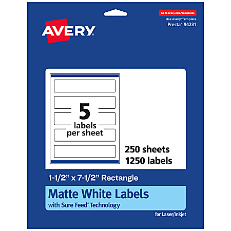 Avery® Permanent Labels With Sure Feed®, 94231-WMP250, Rectangle, 1-1/2" x 7-1/2", White, Pack Of 1,250