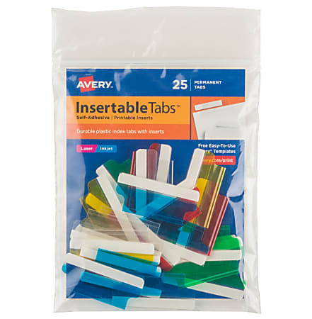 Avery Insertable Self Adhesive Index Tabs With Printable Inserts 1 12  Assorted Blue Clear Green Red Yellow Pack Of 25 - Office Depot
