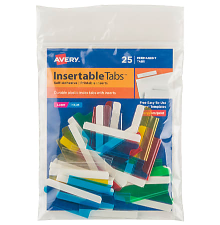 Avery® Insertable Self-Adhesive Index Tabs With Printable Inserts, 1-1/2", Assorted (Blue, Clear, Green, Red, Yellow), Pack Of 25