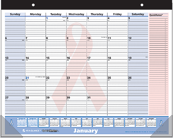 AT-A-GLANCE® QuickNotes® Monthly Breast Cancer Awareness Calendar, 22" x 17", 30% Recycled, January 2014-January 2015