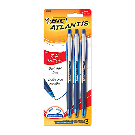 BIC® Atlantis™ Bold Retractable Ballpoint Pens, Bold Point, 1.6 mm, Translucent Blue Barrel, Blue Ink, Pack Of 3