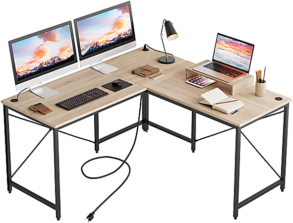 Bestier 60"W L-Shaped Corner Computer Desk With Monitor Stand & 3 Cable Holes, USB Socket, Light Oak